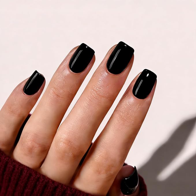 Press On Nails,Black,Short Square | 2+ Weeks Wear,Apply Protective UV coating,Short Square Fake Nails,Salon Quality Nails in 12 Sizes - 24 Nail Kit with Glue