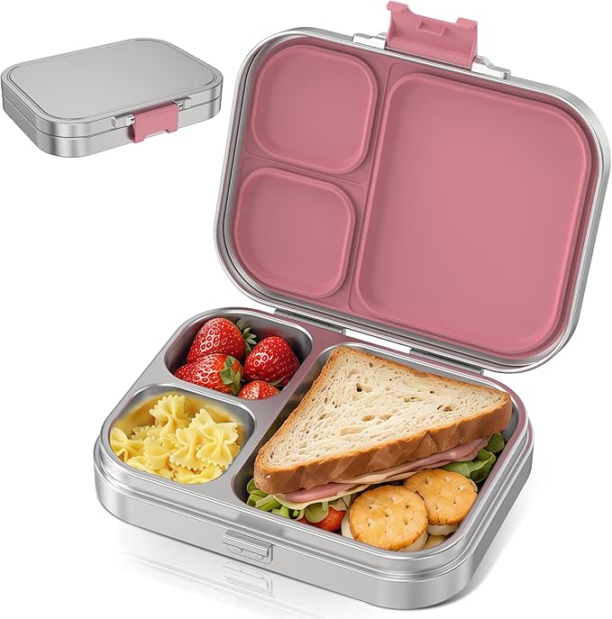 HOMEKOL Stainless Steel Bento Lunch Box 3 Compartments, 3.3 Cups, Pink | for Kids Adults, Leak-Proof Metal Container for Office School Picnic, BPA-Free, Dishwasher Safe, 800ml (Not Insulated)