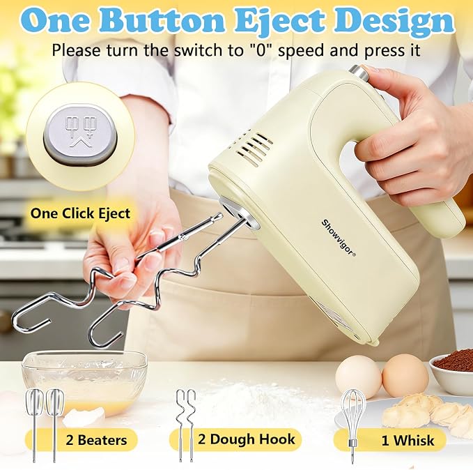 Electric Hand Mixer, 300W Handheld Mixer with 5 Stainless Steel Accessories, 5 Adjustable Speeds + Turbo Boost & Self-Control, One-Button Eject, Food Beater for Cakes, Eggs, Dough (Beige)
