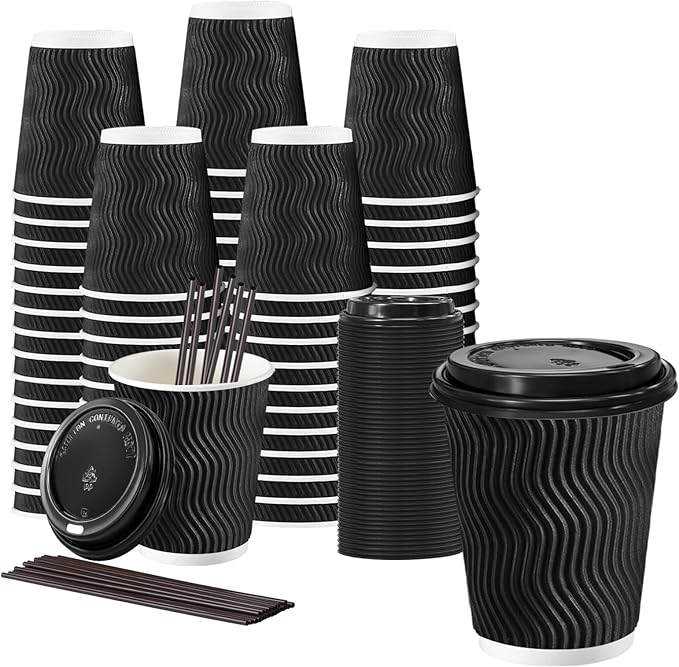 Lamosi 50 Pack 10 oz Disposable Coffee Cups with Lids and Straw, Black | Insulated Corrugated Ripple Wall Hot Cups with Lids for Hot Drink, Office, Coffee Bars, Meetings, and Short To-Go Use