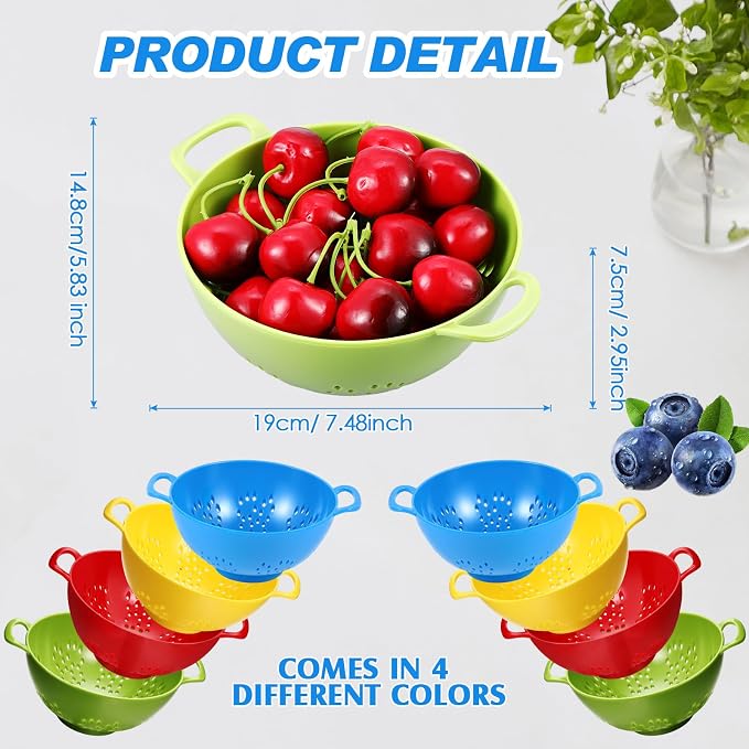 4 Pack Mini Colander for Kitchen Plastic Berry Strainer with Double Handles 7.5 x 6 x 3 Inch Small Colander Strainer for Fruits Vegetables Food (Green,Red,Blue,Lemon Yellow)