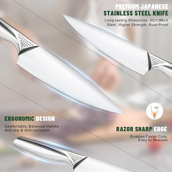 Knife Set, EWFEN 14-Piece Kitchen Knife Set with Block, German Stainless Steel Knives with Built-in Knife Sharpener, Anti-Slip Sharp Knives Set for Kitchen, Dishwasher Safe, Concave-dotted Handle