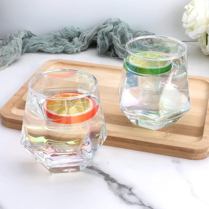 Diamond Wine Glasses Set of 8, Iridescent Stemless Wine Glass 10oz | Geometric Christmas Red Wine Glassware, White Wine Party Glass Cups, Bourbon, Whiskey, Wedding