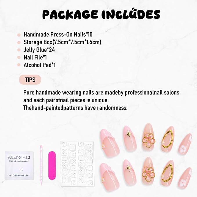 Handmade Press on Nails Medium Almond Fake Nails with 3D Gold Embossed & Flower Design Salon Quality Thickened Acrylic False Nail Full Cover Pink French Tips Stick on Nail for Women（Size S）
