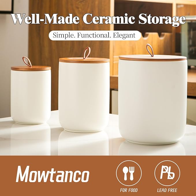 Mowtanco White Ceramic Canister & Jar Set, Airtight Bamboo Lids 3-Piece | 30/48/82 oz airtight storage containers jars for flour, sugar, tea, coffee, pasta, nuts, kitchen counter canister set