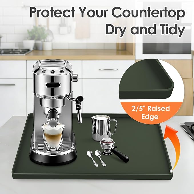 Silicone Coffee Maker Mat with Lip for Countertops, 15.7''x11.8'', Green | Multi leak-proof coffee tray for countertop, non-slip silicone mat fits most coffee makers & espresso machines, wipe-clean