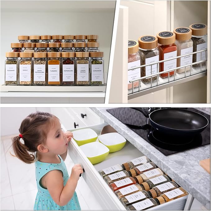 DIMBRAH Spice Jars with Label 24Pcs,Seasoning Containers,Glass Spice Jars with Bamboo Lids,Kitchen Essentials,Spices Container Set,Kitchen Set,Seasoning Organizer,A total of 96 oz