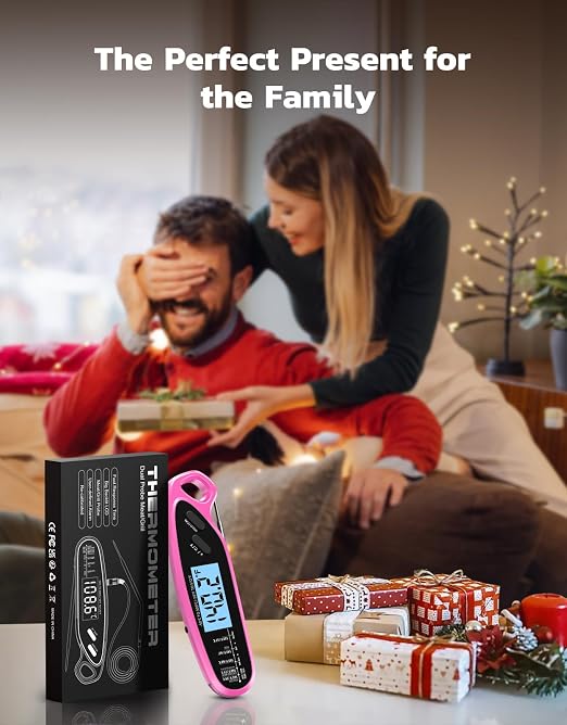 Instant Read Meat Thermometer Digital with Dual Probe | Large Backlit, Food Thermometer for Cooking, Grilling, Smoker, BBQ, Candy, Oil Fry, Pink Kitchen Accessories, Gift for Women