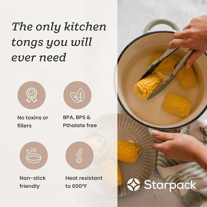 Starpack Get a Grip Silicone Kitchen Tongs (9 Inch) - LFGB Non Toxic, 600°F Heat Resistant, BPA-Free - Heavy-Duty Stainless Steel, Locking - Dishwasher Safe for Nonstick Cookware