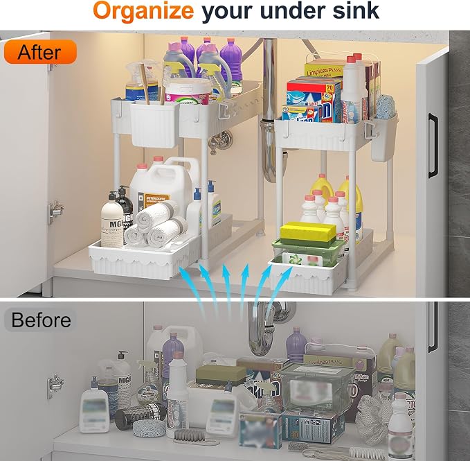 4-Pack 2-Tier Under Sink Organizer with Pull Out Drawers | Multi-use kitchen & bathroom storage. Includes hanging hooks and cups. White, space-saving cabinet design. 12.8 Inch