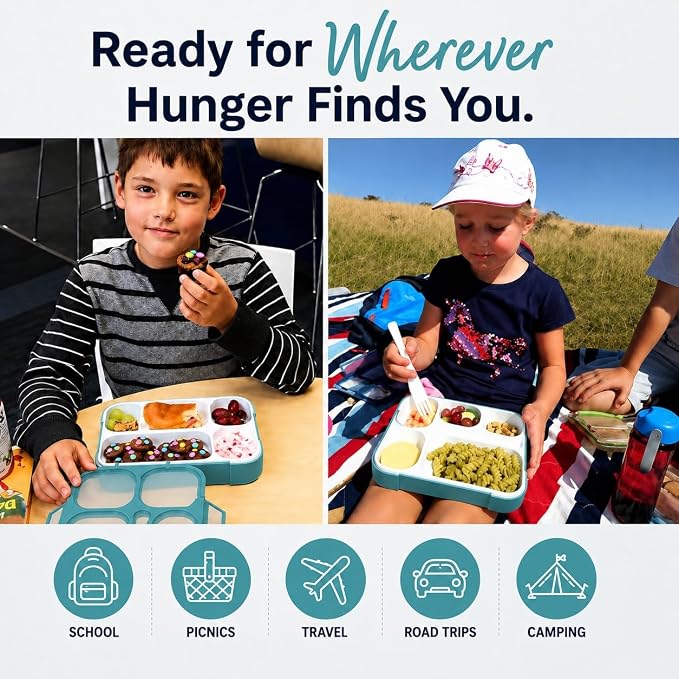 kinsho Bento Box Lunch-Box Containers for Kids, Adults | 6 Compartment Lunch-Boxes | Leakproof School Bentobox, Snack or Meal Portion Container | BPA-Free, Teal