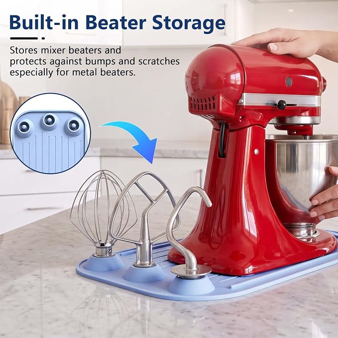 Upgraded Mixer Slider Mat for KitchenAid 4.5-5 Qt Tilt-Head Stand Mixer | Silicone Countertop Mover with 3 Attachment Storage Slots, Non-Slip Mixer Pad Organizer for Dough Hook Whisk Flat Beater
