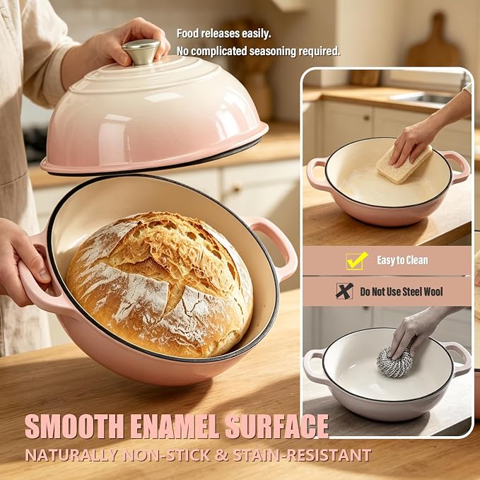 Cast Iron Bread Dutch Oven 6QT Cream Enameled with Lid | Even Heat and Steam for Crispy Crust, Easy-release Enamel, All Stovetops, Safe to 500F, For Sourdough and Artisan Bread