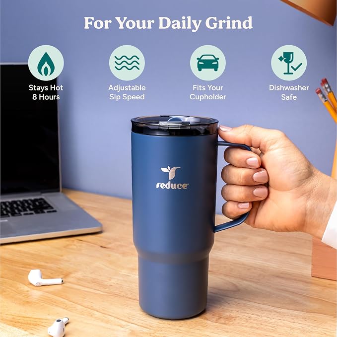 REDUCE 24oz Hot1 Vacuum Insulated Mug w/Lid and Handle - Coffee & Tea Cup | With Flo-Motion lid and handle, single-serve and cupholder friendly, keeps drinks hot for up to 8 hours