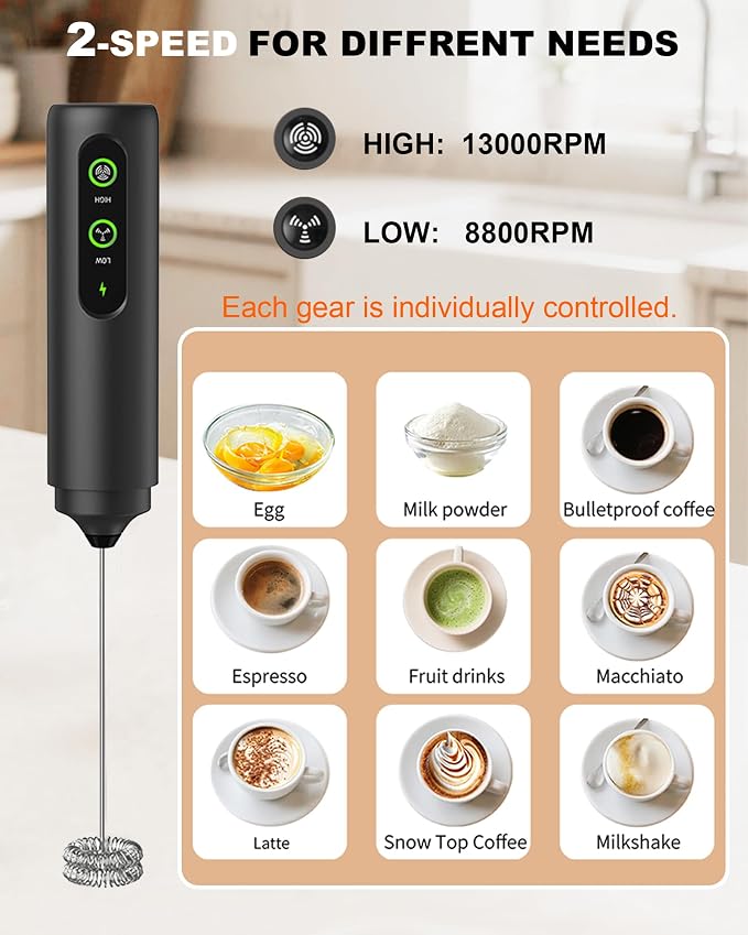 2-Speed Rechargeable Milk Frother Handheld, Black | Dual Coil Whisk, with Cover - Portable Frother for Coffee, Matcha, Cappuccino, Hot Chocolate & Protein Shakes