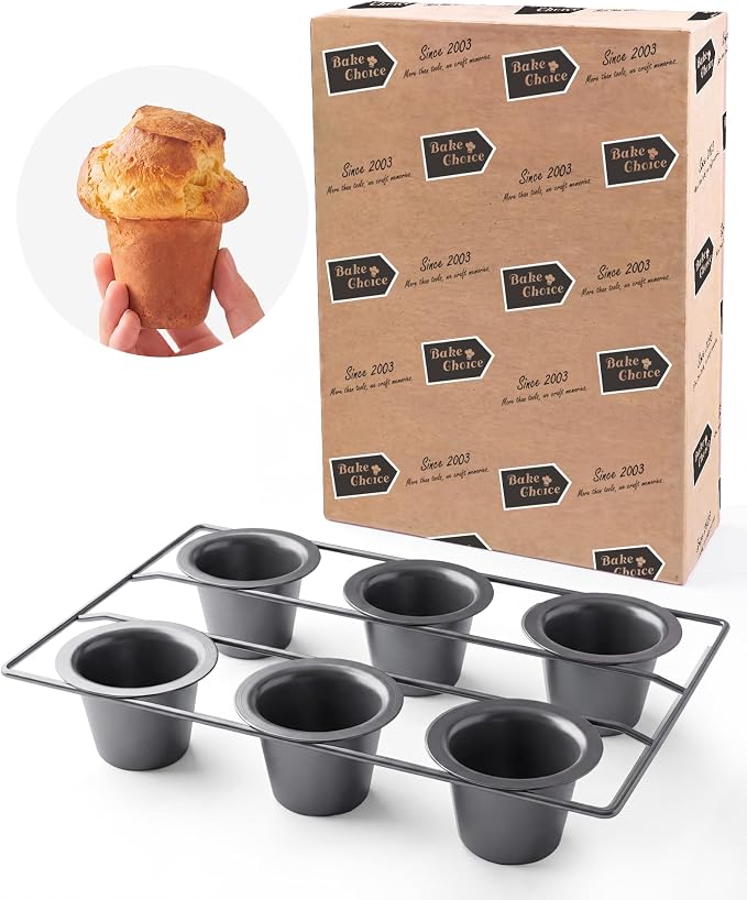 Bake Choice Nonstick 6-Cup Popover Pan, Heavy-Duty Carbon Steel | Rust-proof | Flake-free | Warp-resistant | Fast heating | Professional Yorkshire pudding pan with PFOA-free coating