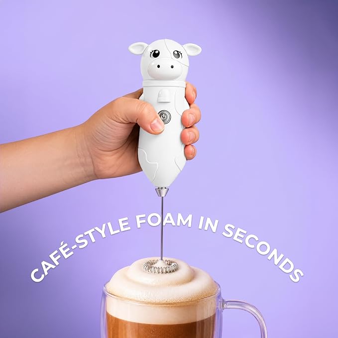 Zulay Kitchen Cow Milk Frother Wand – Cutesy Frother, Meet Your New Frothing Buddy Daisy The Cow, Adoption Papers and Stickers Included, Purrr-fect for Lattes, Cappuccino & Matcha – White