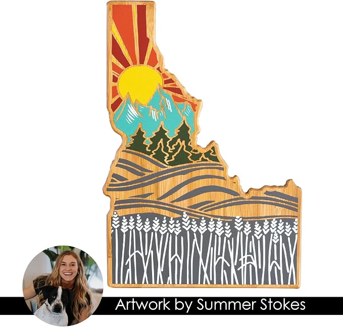 Totally Bamboo Idaho State Shaped Cutting Board, Summer Stokes Art | State charcuterie board with colorful hand-drawn landscape art. Smooth reverse side for food prep. Hang tie for wall display.