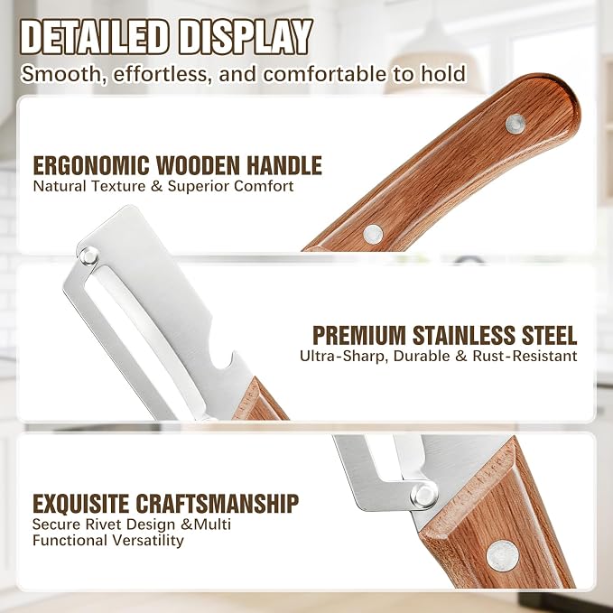 2-Pack Vegetable Peeler with Bottle Opener, Heavy-Duty Thick Stainless Steel Blade, Durable Kitchen Peeler with Wooden Handle for Potatoes, Carrots & Fruits