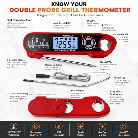Dual Probes Digital Instant Read Meat Thermometer Waterproof Kitchen Food Cooking Thermometer Backlight, Alarm, °F/°C for BBQ Grill Smoker Steak Turkey Frying Baking Oven Water Oil