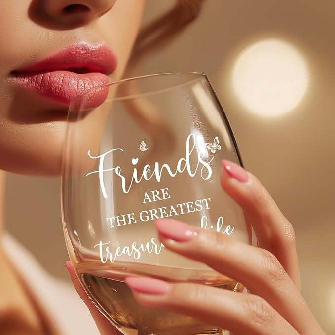 Friend Birthday Gifts for Women, 15 oz Wine Glasses, Dishwasher Safe | “Friends Are The Greatest Treasure In Life” – Scratch-Resistant Wine Glass, Best Friend Birthday Gifts for Women (White)