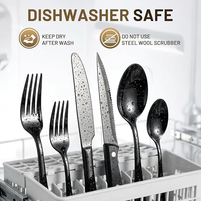 72 PCS NO-FADING Black Silverware Set with Steak Knives - KIKCOIN Food-Grade Stainless Steel Flatware Set for 12 - Mirror Polished Cutlery Set, Titanium Black Finish, Rust Resistant & Dishwasher Safe