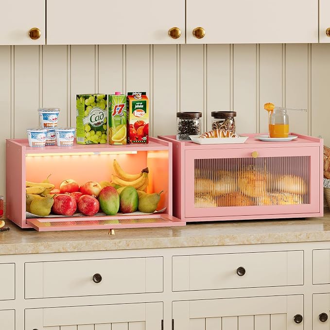 Trironsun Bamboo Bread Box with Led Light for Kitchen Counter Large Capacity Bread Storage Container Kitchen Countertop Organizer with Window Bread Holder (Pink)