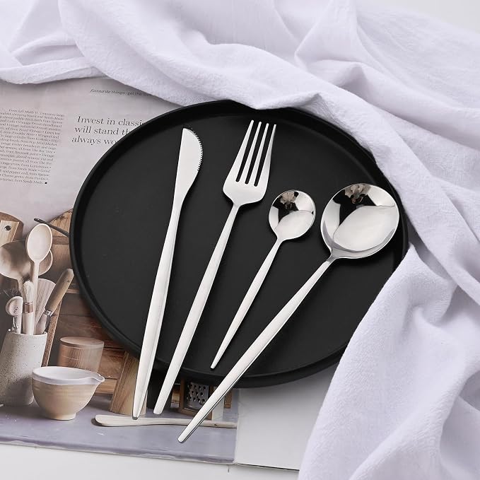 Silver Silverware Set, 24-Piece Stainless Steel Flatware Set Service For 6, Mirror Polished Tableware Cutlery Set Knife Fork And Spoon For Home & Restaurant, Dishwasher Safe