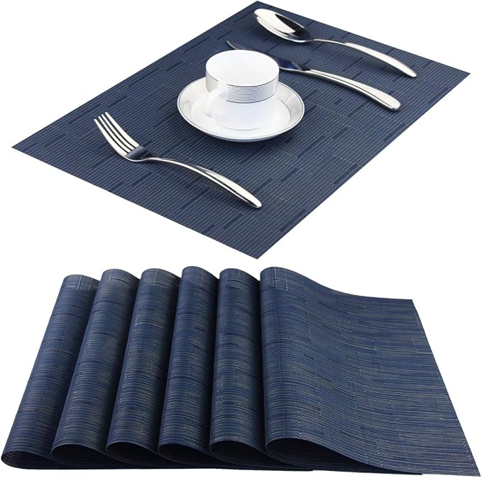 PIGCHCY Placemats,Washable Durable Durable Woven Vinyl Placemats for Dining Table,Heat Resistant Plastic Placemats Set of 6 (18 x 12 inches,Midnight Blue)