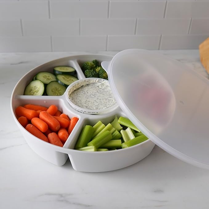 Heavy-Duty Divided Serving Tray with Leakproof Lid - 6 Divided Compartments to Serve & Store Food, Fruit Tray, Veggie Tray, Party Platters - Made In USA (White Tray/Clear Lid)