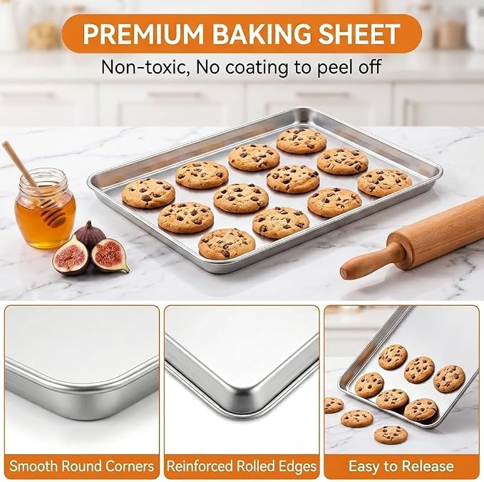 TeamFar Baking Sheet, 17.6"x 13"x 1" Stainless Steel Large Cookie Sheet Pan | Set of 2, Half Sheet Baking Pans Trays for Roasting/Cooking, Non-toxic & Healthy, Heavy Duty & Sturdy, Dishwasher Safe