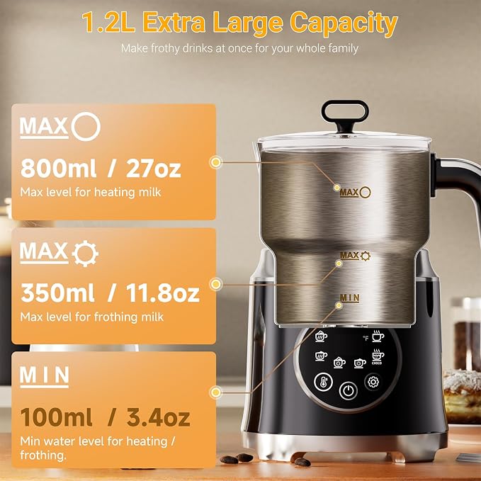 Milk Frother,Variable Temp and Froth Thickness,27oz/800ml Milk | Steamer and Frother for cappuccino or Latte,Dishwasher Safe,6-in-1 Frother Machine,Fast Heating,Low Noise