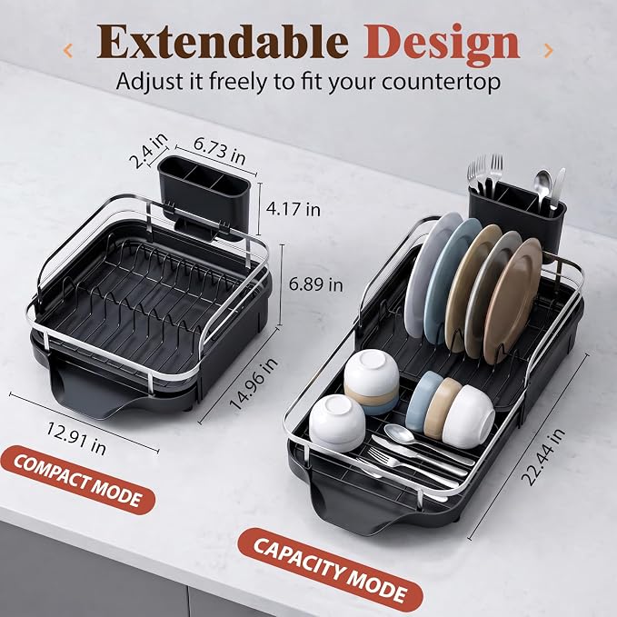 Dish Drying Rack, Expandable Stainless Steel Dish Drainer for Kitchen Counter, Rustproof Auto Draining Drainboard, Raised Guardrail, Detachable Utensil Holder, Space Saving Kitchen Organizer (1 Tier)