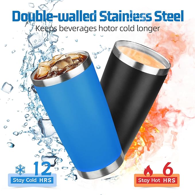 20 oz Tumbler with Lids and Straws, Stainless Steel Insulated Travel Coffee Mug, Double Wall Vacuum Insulated Tumblers, Powder Coated Coffee Tumbler for Cold & Hot Drinks (Sea Blue)