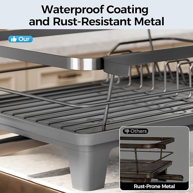 Urakify Dish Drying Rack for Kitchen Counter, 16.5" L x 12.2" W, Grey | Large Dish Drainer with Cutlery Holder, Sink Dish Rack with Drainboard for plate dish silverware, Space Saving