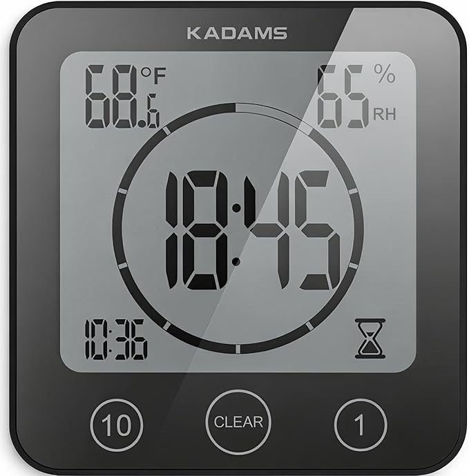 KADAMS Shower Clock Waterproof Bathroom Timer – Digital Wall Clock with Countdown, Magnetic Kitchen Clock with Temperature & Humidity, Suction Cup for Kids Shower Spa Cook Bath (Black)