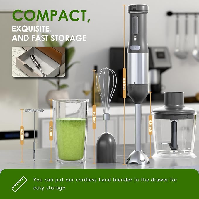 5-in-1 Cordless Immersion Blender with Rechargeable Handheld Battery | Variable-speed 2000mAh Battery，BPA-free&Dishwasher-safe, with Beaker, Chopper, Whisk & Frother for Kitchen, Grey