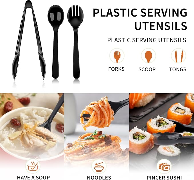 36PCS Disposable Serving Utensils Including Plastic Spoons, Tongs and Forks | 12 Set for Dinner Parties, Buffets, Banquets, Events, Weddings, and Daily Use