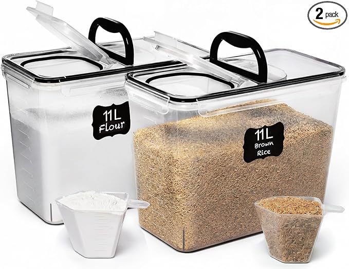 Shazo 2 PC (11L | 372 oz) Flour Sugar Storage Containers with Spout Lid & Easy Carry Handle - BPA Free Extra Large Airtight Food Storage Containers with Lids - Rice Canisters Sets for Kitchen & Pantry