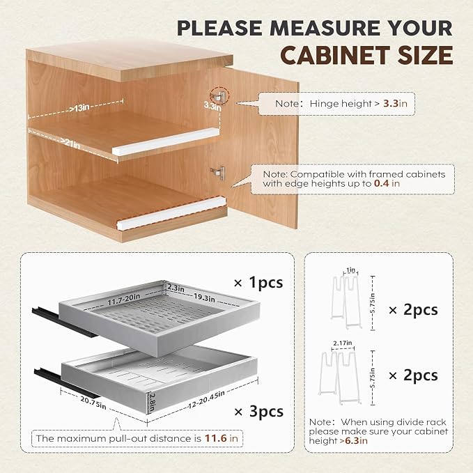Seinloes 4 Pack Pull Out Cabinet Organizers 21" Deep With Raising Pad for Framed Cabinets, Expandable Slide Out Drawers with 4pcs Divider Racks, Roll Out Shelves, Adjustable Width 12"-20.45" Silver