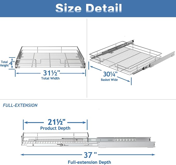 Pull Out Cabinet Organizer 31½" W x 21½" D, Heavy Duty Cabinet Pull Out Shelves, Slide Out Drawers Organization for Kitchen Cabinets Bathroom