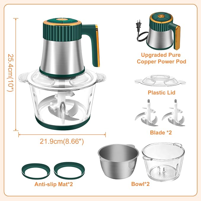 Food Processor, 5 Speed Meat Grinder with 2 Bowls(8 Cup+8 Cup), Green | 4 Bi-Level Blades Electric Food Chopper, Mini Kitchen Cutter for Vegetable Onion Garlic Meat