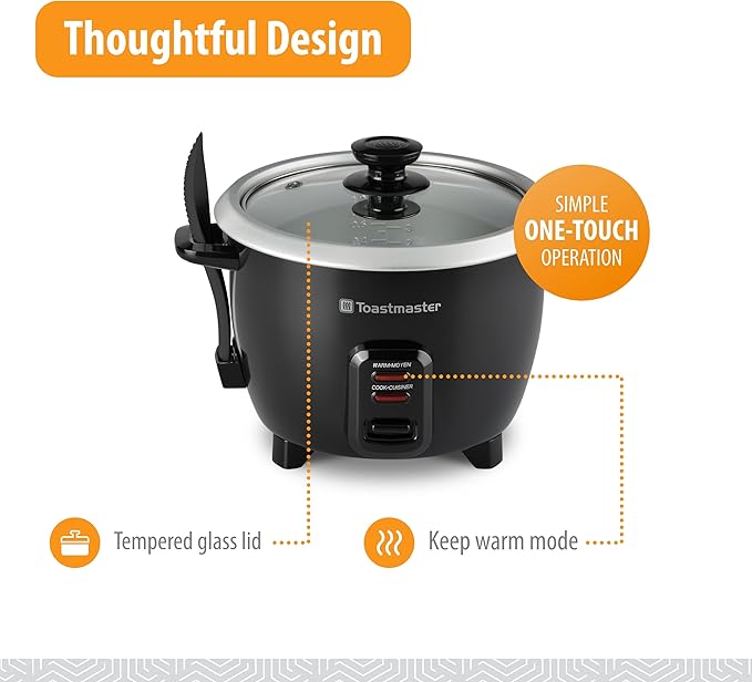 Toastmaster Electric Rice Cooker - Large Capacity for Soups, Oatmeal & More - Automatic Rice Cooker with Tempered Glass Lid & Keep Warm Mode - 10-Cup, Black