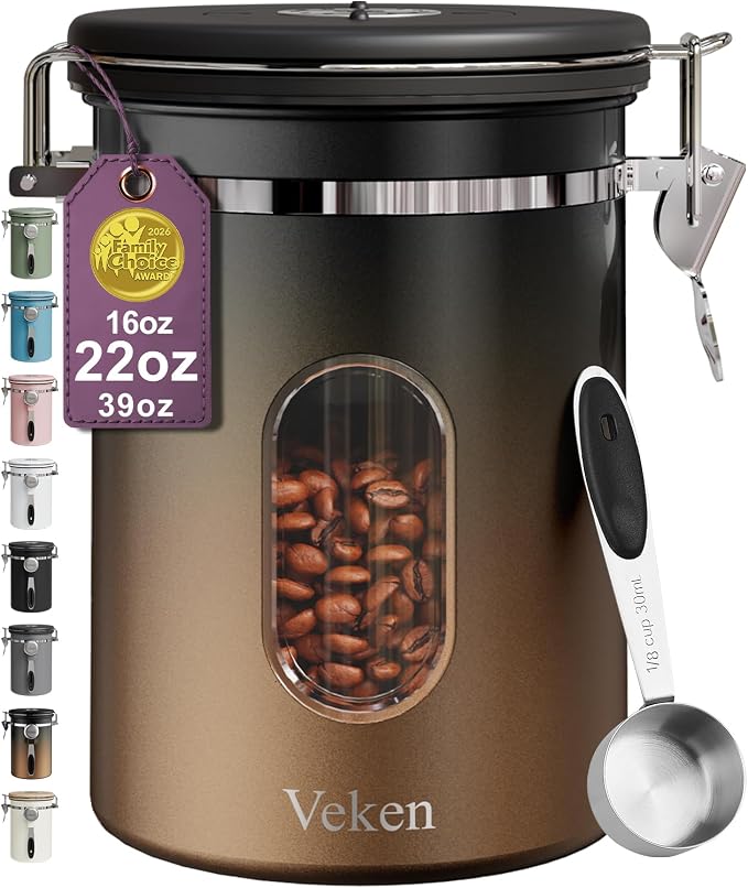Veken Coffee Canister with Window, Airtight Stainless Steel Container, 22OZ | Kitchen Food Storage Pantry Organizers for Beans,Ground,Espresso,Rice,Tea,Sugar,Bar Accessories,Gifts,Lids,Jars, Scoop,Copper