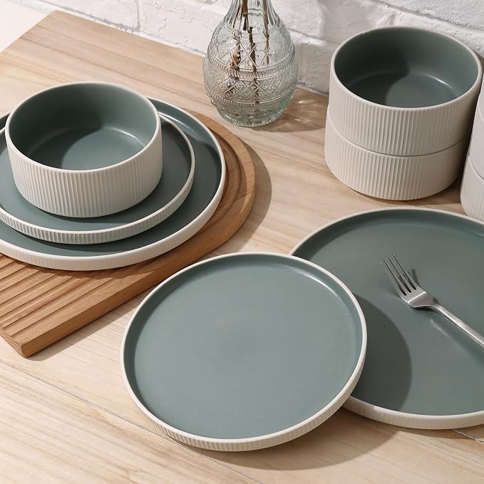 12PCS Ceramic Dinnerware Set for 4,Stoneware Plates and Bowls Sets | Reactive Glaze Dish Set,Scratch Resistant Tableware Set,Reactive Glaze,Microwave & Dishwasher Safe,White Cyan