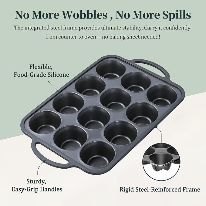 12-Cup Mini Silicone Muffin Pan with Reinforced Steel Frame,Metallic Black | Regular Size Cupcake Pan, BPA Free Silicone Muffin Tray, Reinforced Steel Frame for Stability, Easy Baking & Cleanup, 1Pk