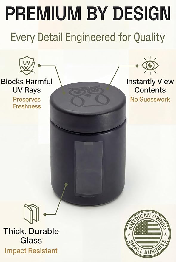 Treehouse Smell Proof Containers (120mL), Jars with Airtight Lids for Herbs, Spices, Coffee and Tea, Air Tight Glass Storage Jars with UV Protection Glass, (Set of 4) (Matte Black)