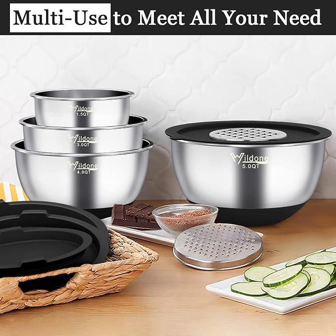 Wildone Mixing Bowls with Airtight Lids, Stainless Steel Mixing Bowls Set | Metal Bowls with 3 Grater Attachments & Non-Slip Bottoms, Size 5, 4, 3, 2,1.5, 0.63QT, Includes Utensil Set for Prep, Black