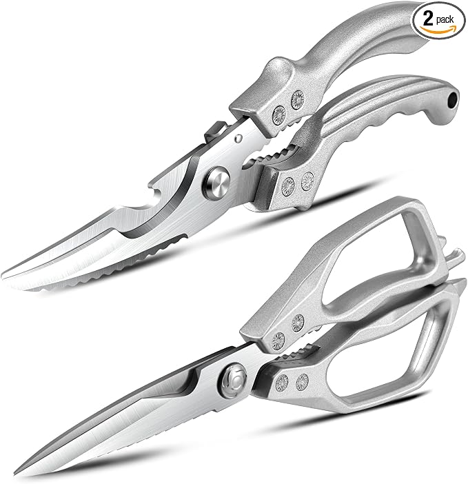 2PCS Kitchen Shears Set Multi-Purpose Kitchen Scissors for Food Heavy Duty | Culinary Chef Scissors for Chicken Meat Vegetables Herbs Scaling Fish, Good Grips, Professional Poultry Shears, Silver