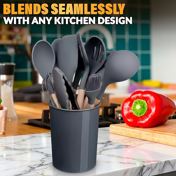 12 Pcs Cooking Kitchen Accessories Set with Holder, Silicone Heads (Gray) | Gray Kitchen Utensils Set for Cooking and Baking; Wooden Handles; Heat-Resistant up to 446°F; Non-Scratch for Nonstick Pans